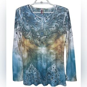 VTG Blue Orange Tie Dye Lace Paisley Rhinestone Henley Sparkle Top sz Medium